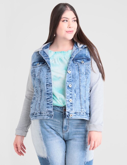 Chamarra de mezclilla stretch con mangas y gorro de tela para mujer – Bros  Club